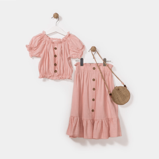 Mädchen Kleidung Set aus Bluse, Rock und Tasche | rosa | 6-9 Jahre